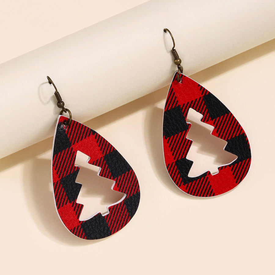 PU Leather Cutout Christmas Tree Earrings Plaid / One Size Apparel and Accessories