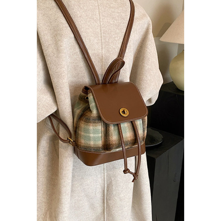 PU Leather Drawstring Plaid Backpack Bag Apparel and Accessories