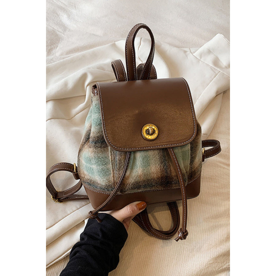 PU Leather Drawstring Plaid Backpack Bag Coffee Brown / One Size Apparel and Accessories