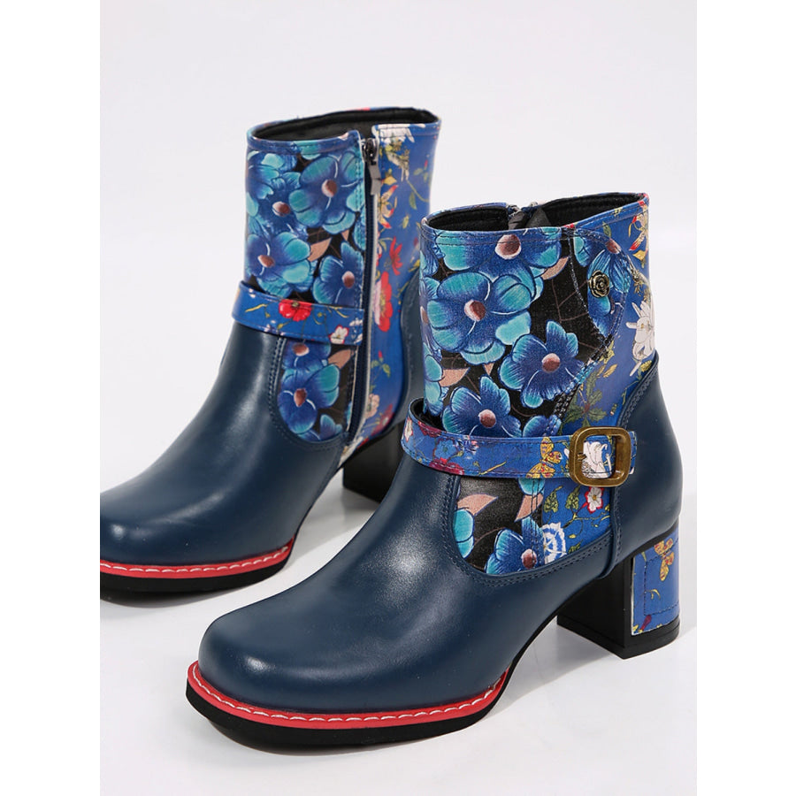 PU Leather Flower Block Heel Boots Apparel and Accessories