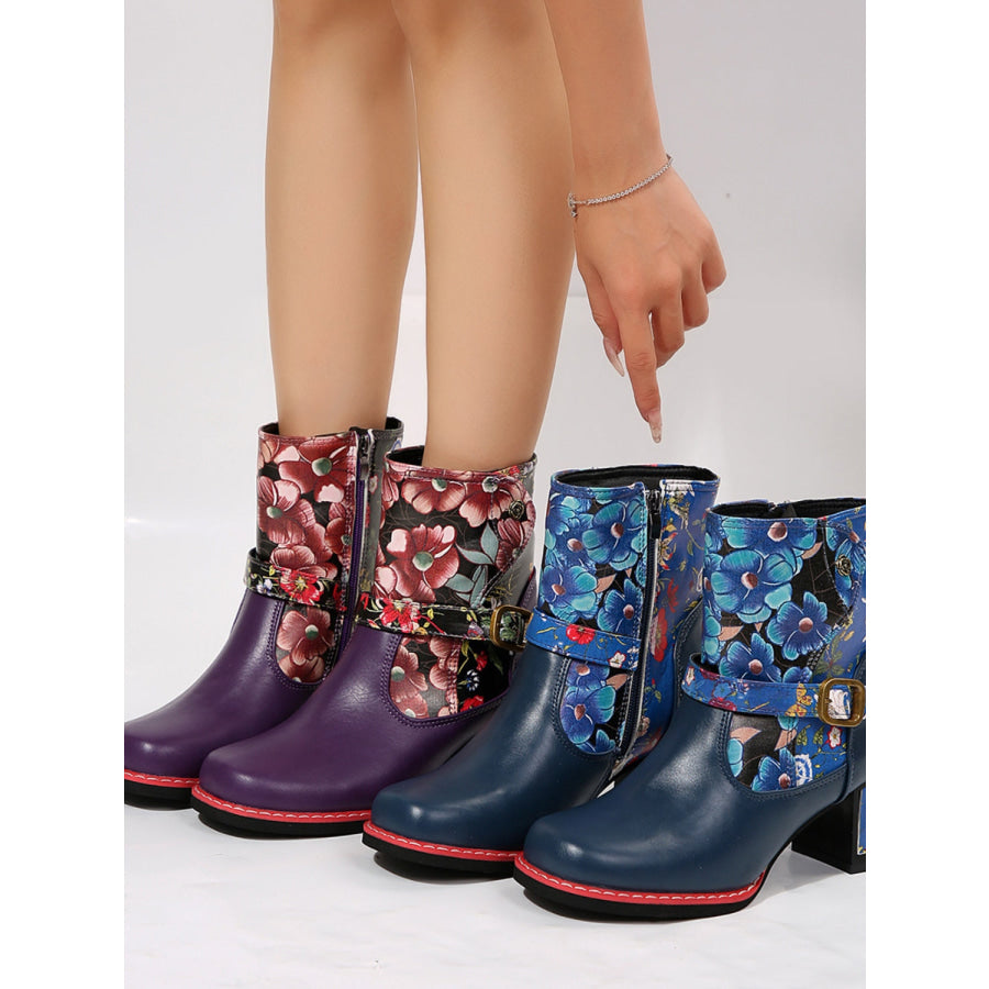 PU Leather Flower Block Heel Boots Apparel and Accessories