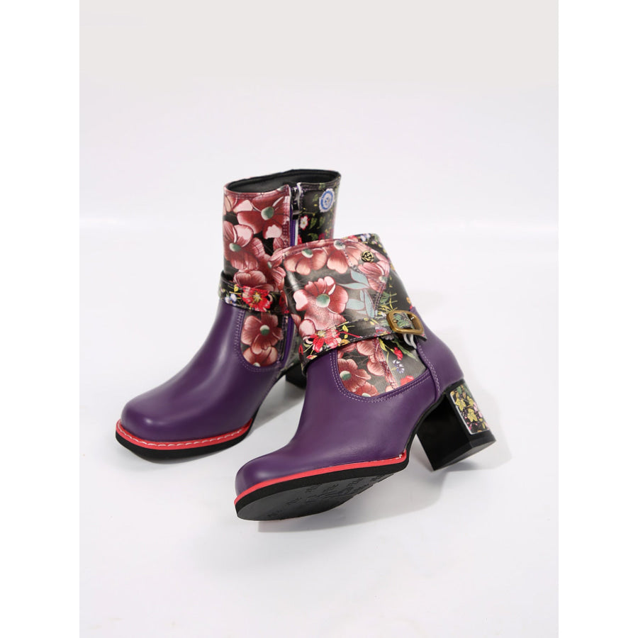 PU Leather Flower Block Heel Boots Apparel and Accessories