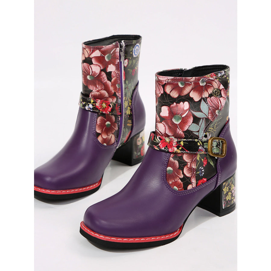 PU Leather Flower Block Heel Boots Apparel and Accessories