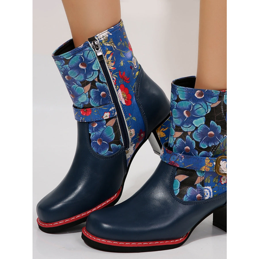 PU Leather Flower Block Heel Boots Apparel and Accessories