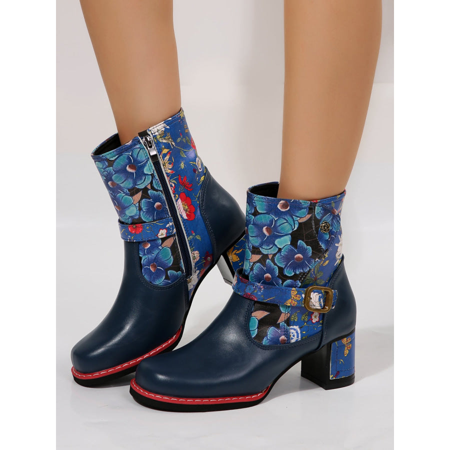 PU Leather Flower Block Heel Boots Blue / 36(US5) Apparel and Accessories