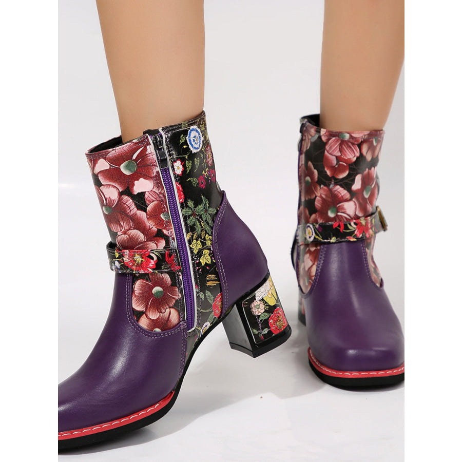 PU Leather Flower Block Heel Boots Purple / 36(US5) Apparel and Accessories