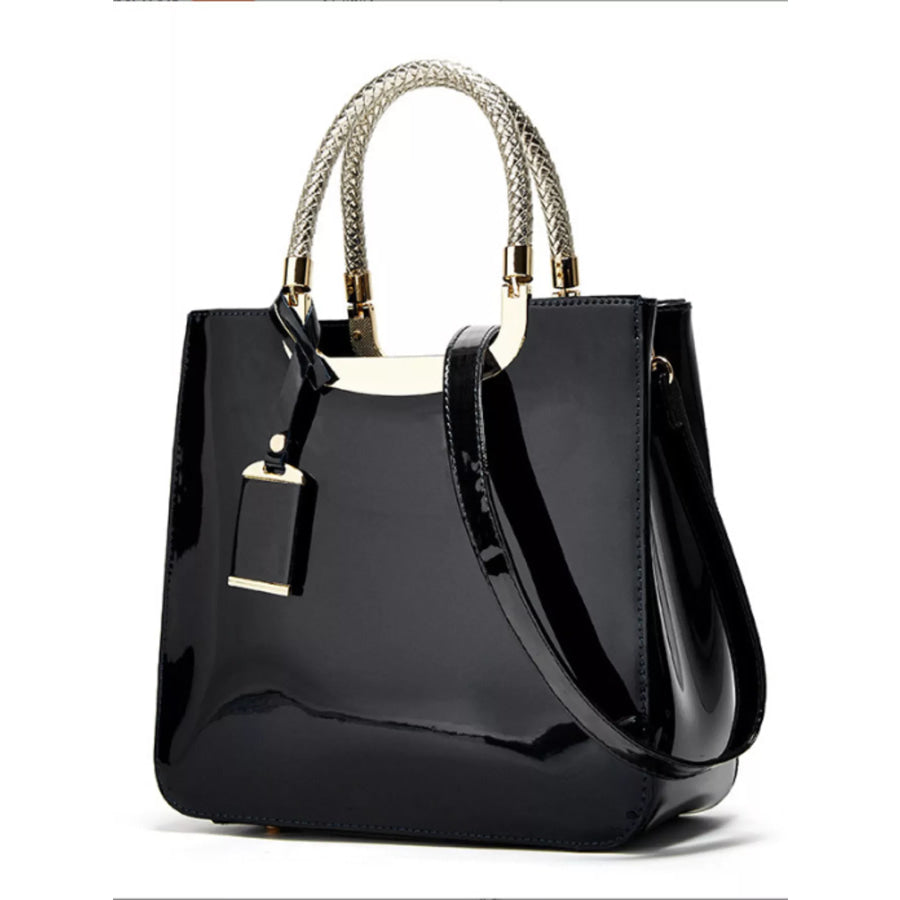 PU Leather Handbag with Metallic Braided Handle Black / onesize Apparel and Accessories