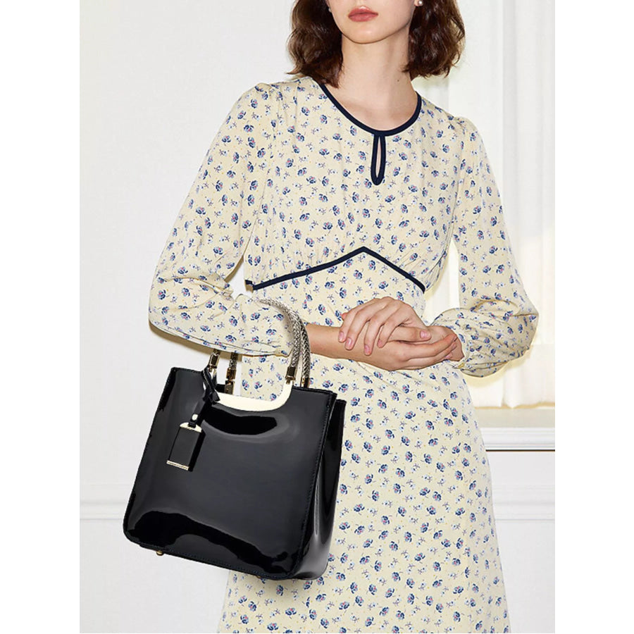 PU Leather Handbag with Metallic Braided Handle Black / onesize Apparel and Accessories