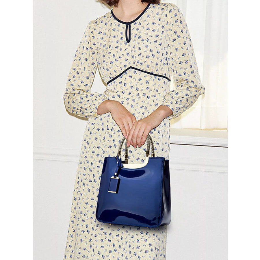 PU Leather Handbag with Metallic Braided Handle Blue / onesize Apparel and Accessories