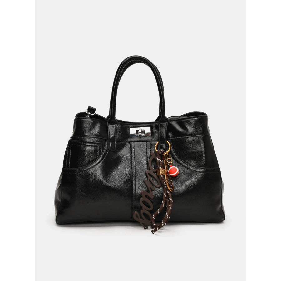 PU Leather Handbag with Pendant Black / One Size Apparel and Accessories