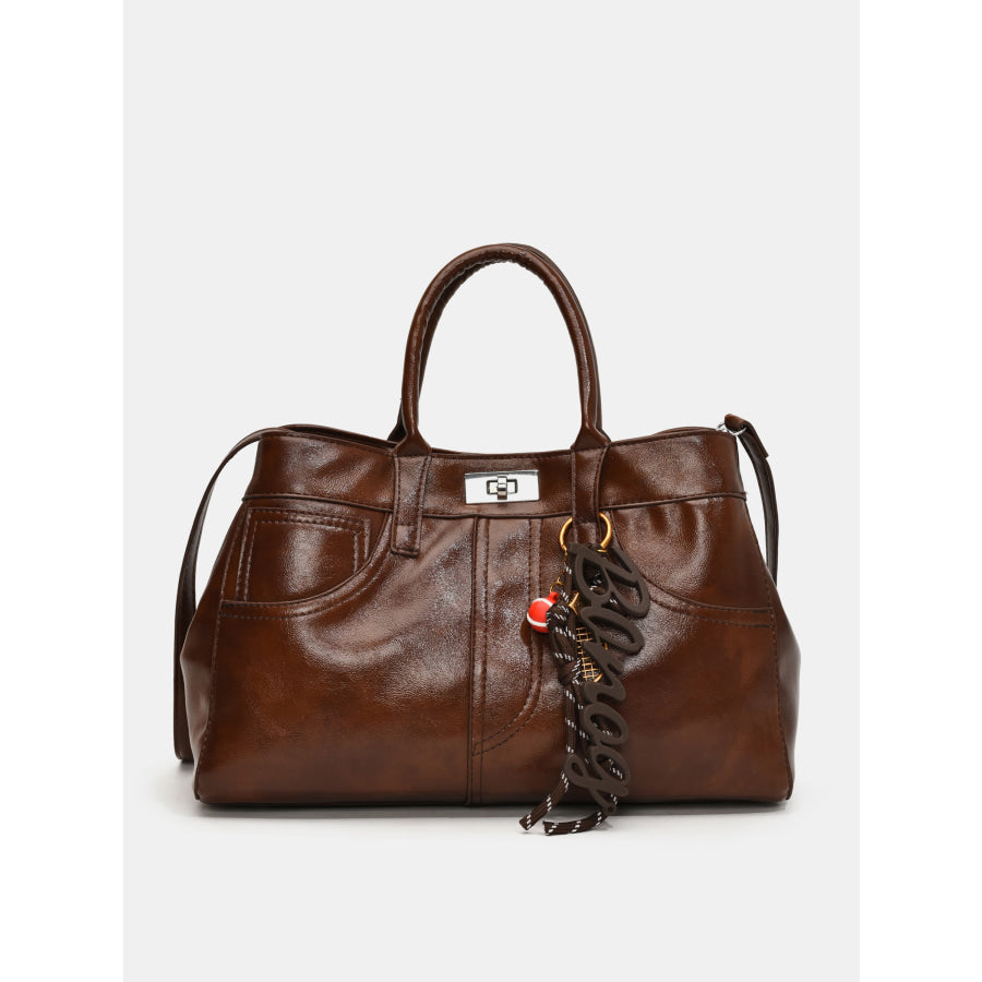 PU Leather Handbag with Pendant Brown / One Size Apparel and Accessories