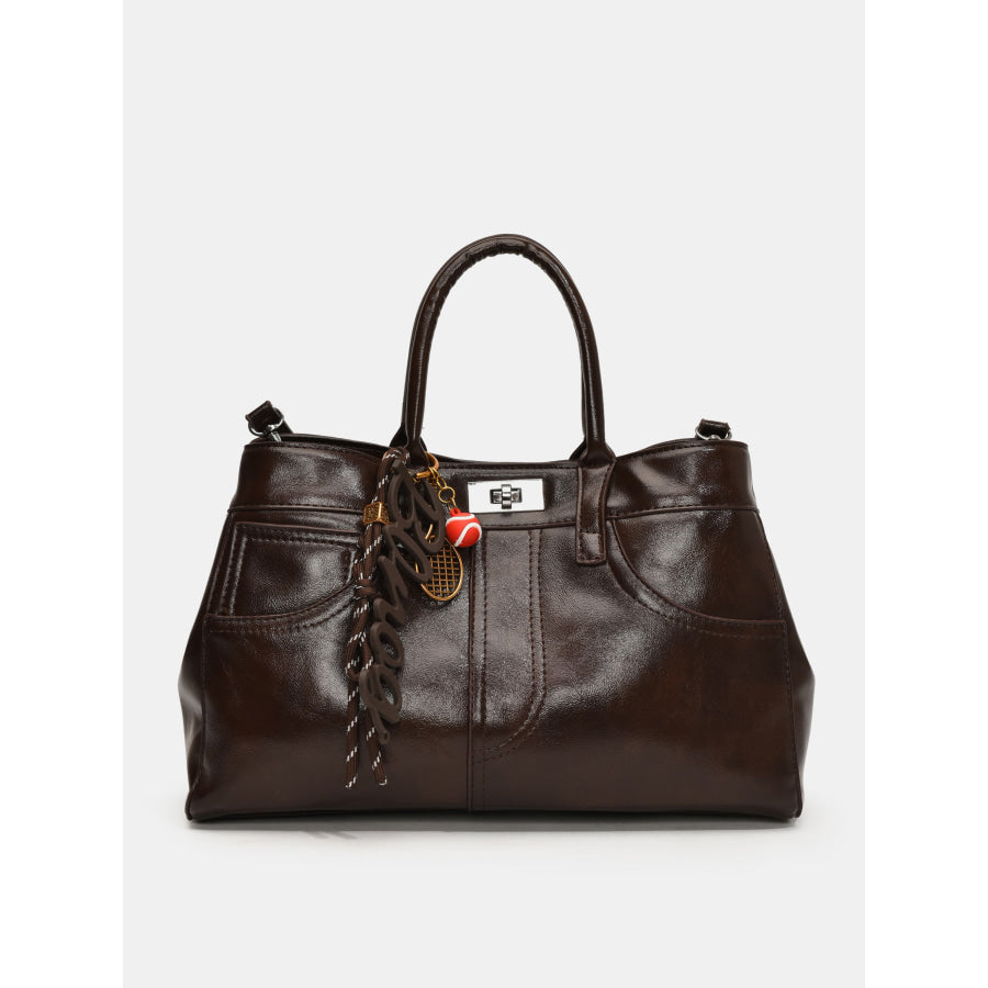 PU Leather Handbag with Pendant Chocolate / One Size Apparel and Accessories