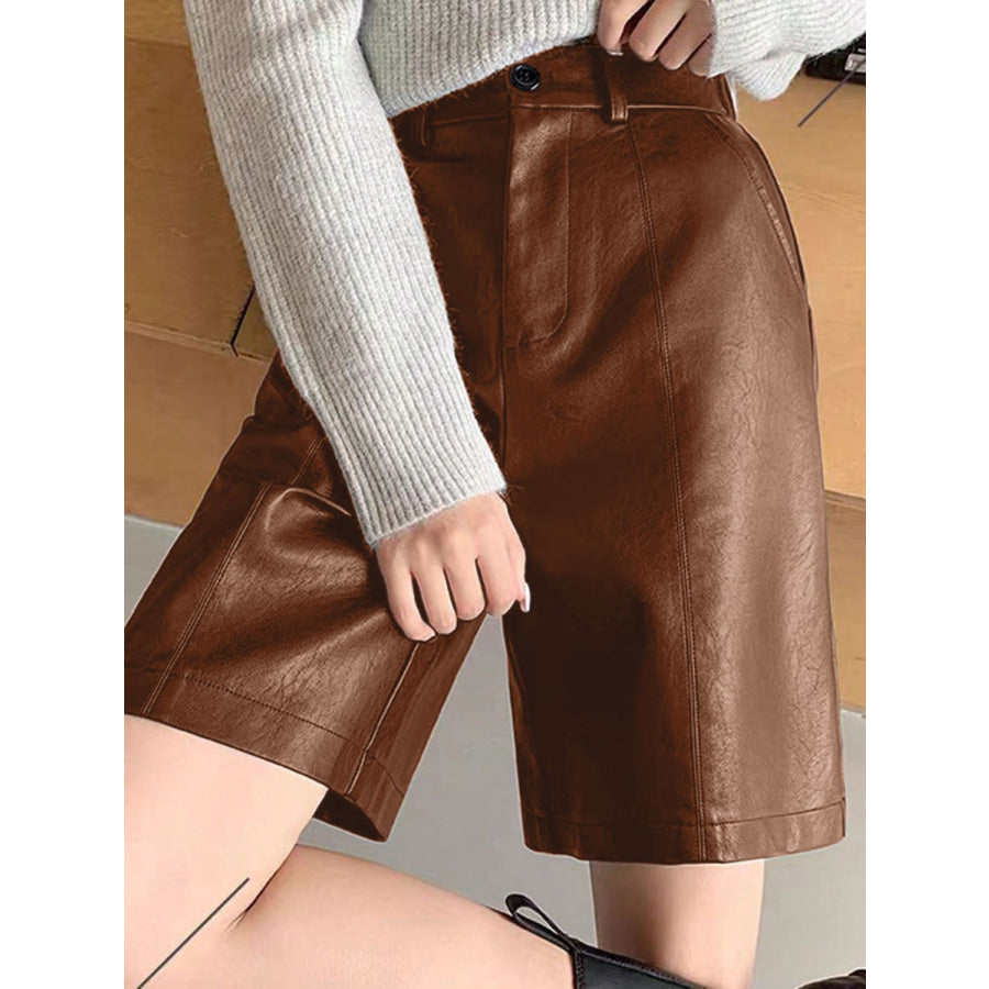 PU Leather High Rise Shorts Brown / S Apparel and Accessories