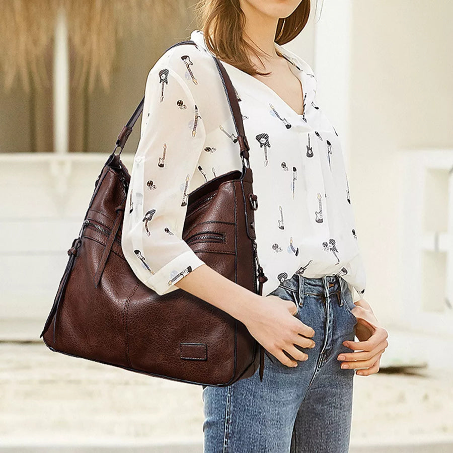 PU Leather Hobo Handbag Coffee / onesize Apparel and Accessories