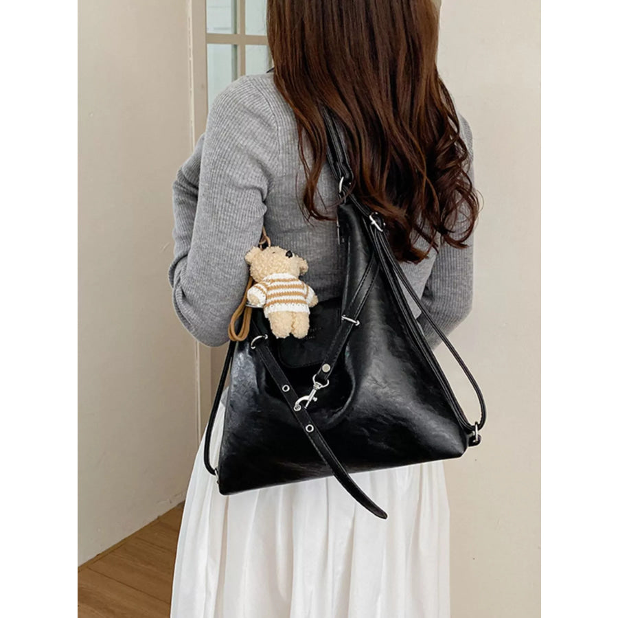 PU Leather Hobo Handbag with Cute Bear Pendant Black / One Size Apparel and Accessories