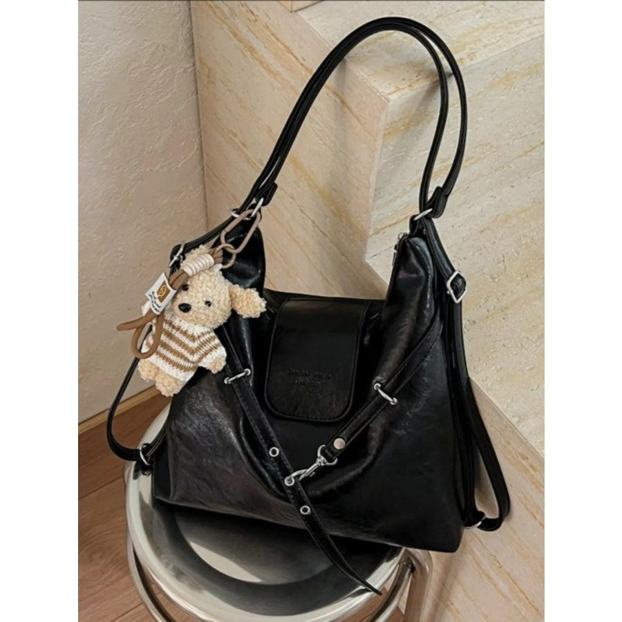 PU Leather Hobo Handbag with Cute Bear Pendant Apparel and Accessories