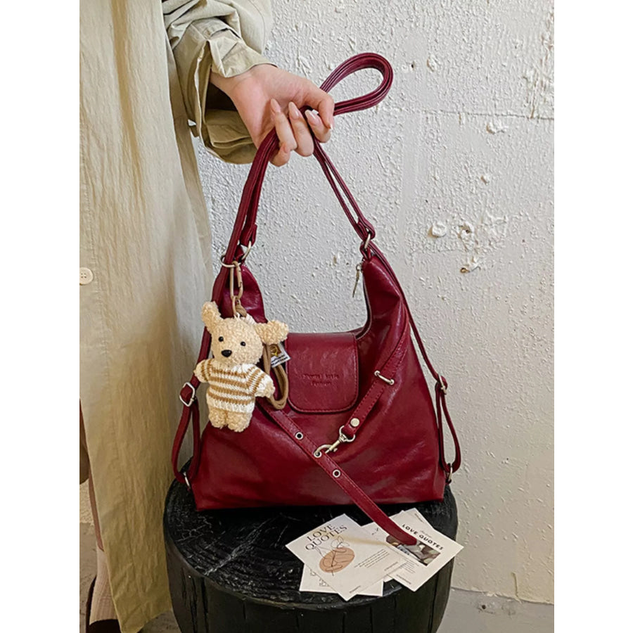 PU Leather Hobo Handbag with Cute Bear Pendant Apparel and Accessories