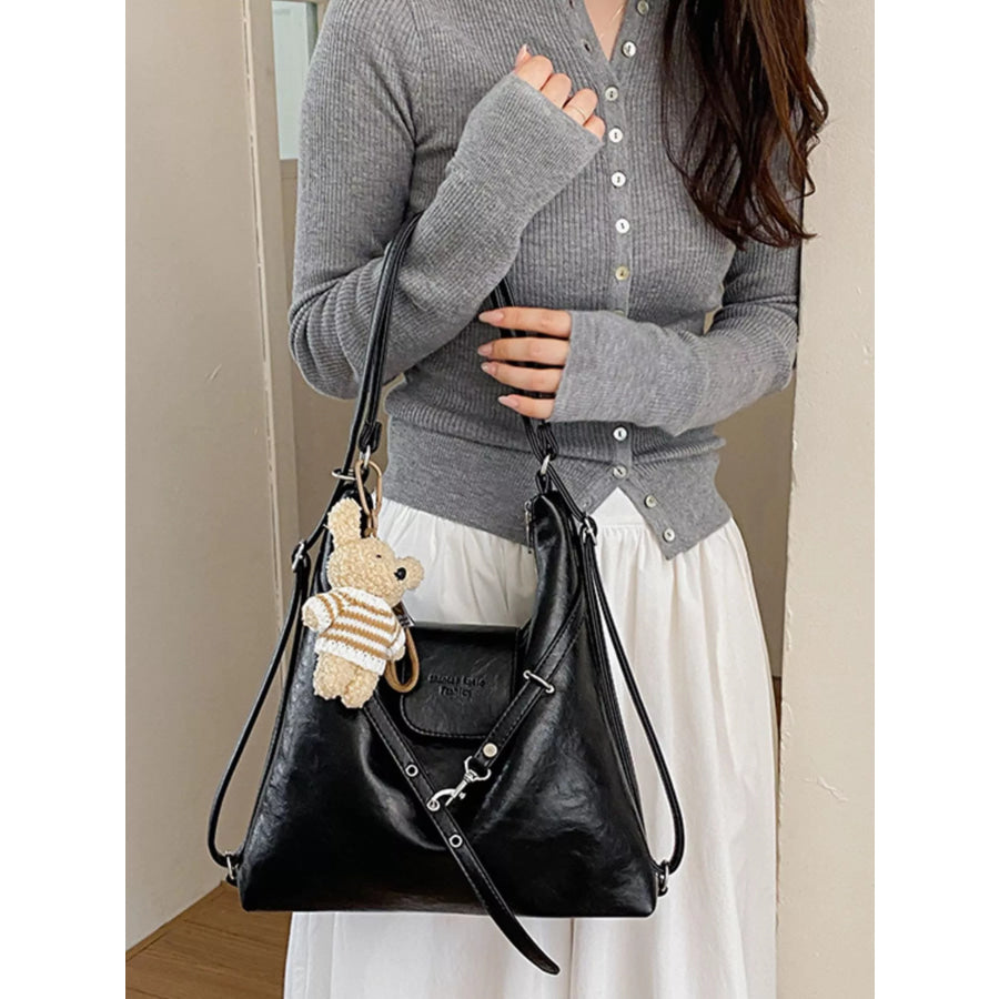 PU Leather Hobo Handbag with Cute Bear Pendant Black / One Size Apparel and Accessories