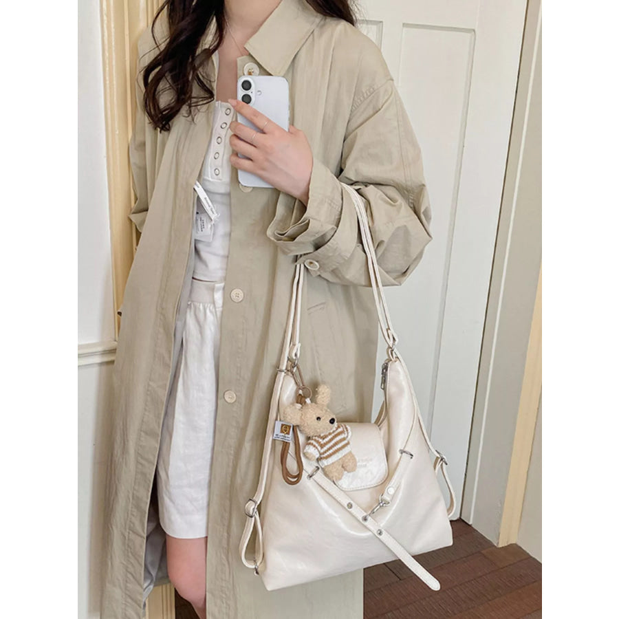 PU Leather Hobo Handbag with Cute Bear Pendant Off-white / One Size Apparel and Accessories