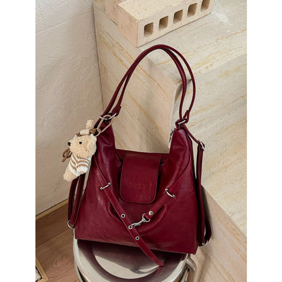 PU Leather Hobo Handbag with Cute Bear Pendant Red / One Size Apparel and Accessories
