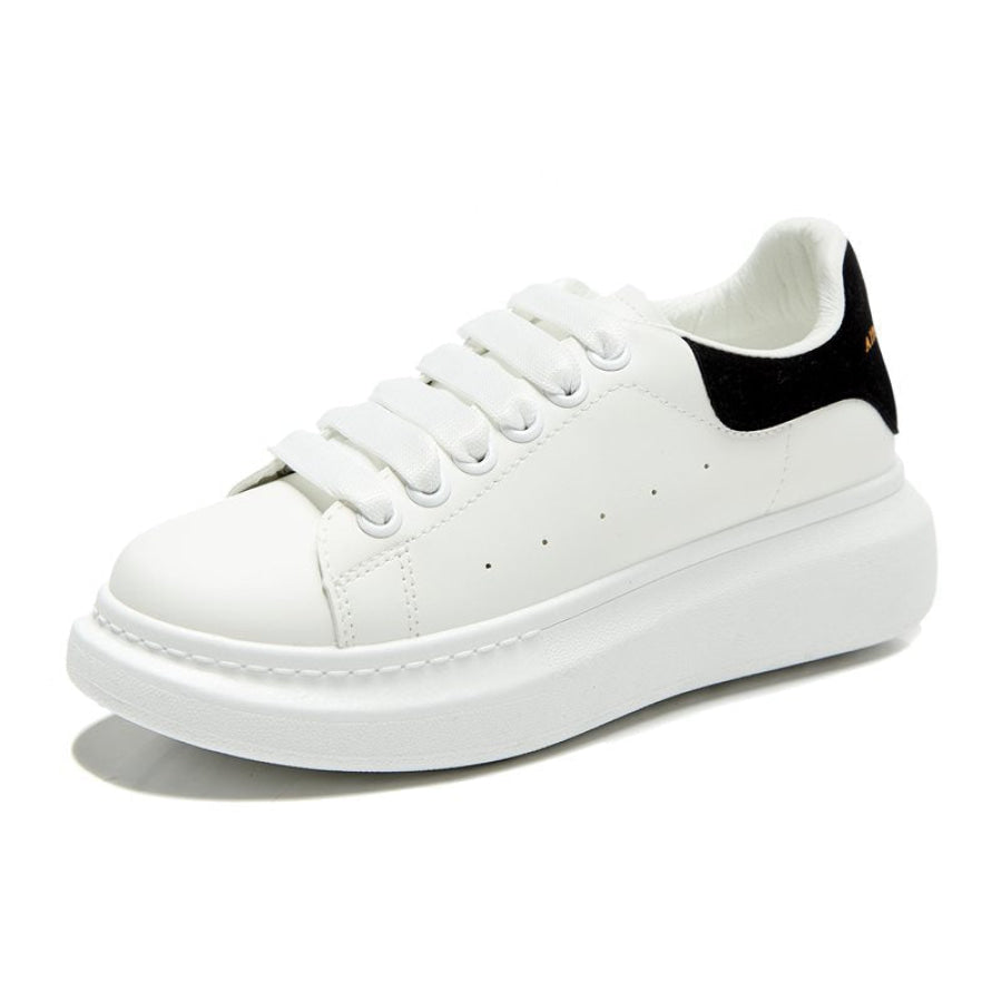 PU Leather Lace Up Round Toe Platform Sneakers Black / 35(US4) Apparel and Accessories