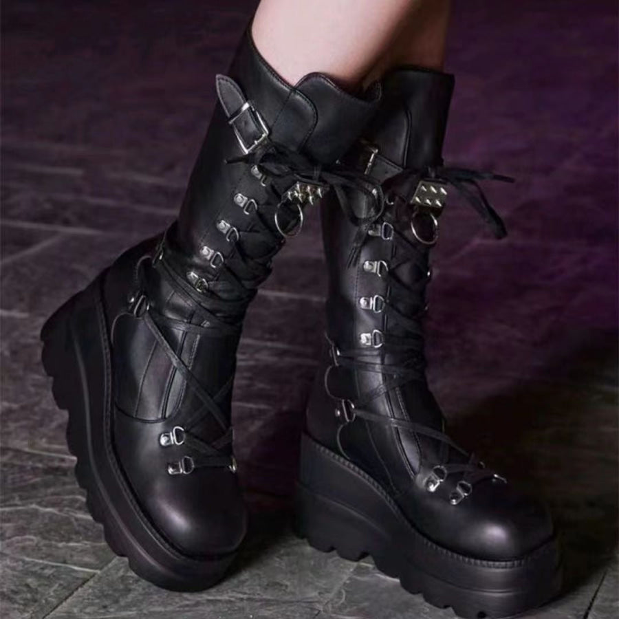 PU Leather Lace Up Wedge Boots Apparel and Accessories