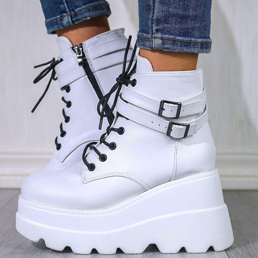 PU Leather Lace-Up Wedge Boots White / 36(US5) Apparel and Accessories