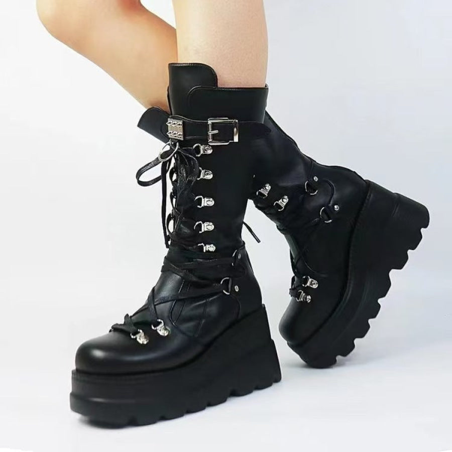 PU Leather Lace Up Wedge Boots Black / 36(US5) Apparel and Accessories