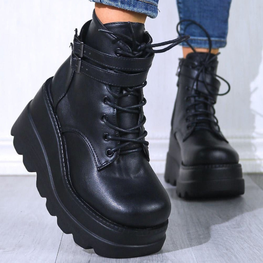 PU Leather Lace-Up Wedge Boots Black / 36(US5) Apparel and Accessories