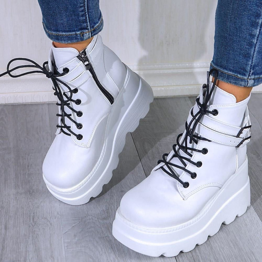 PU Leather Lace-Up Wedge Boots White / 36(US5) Apparel and Accessories