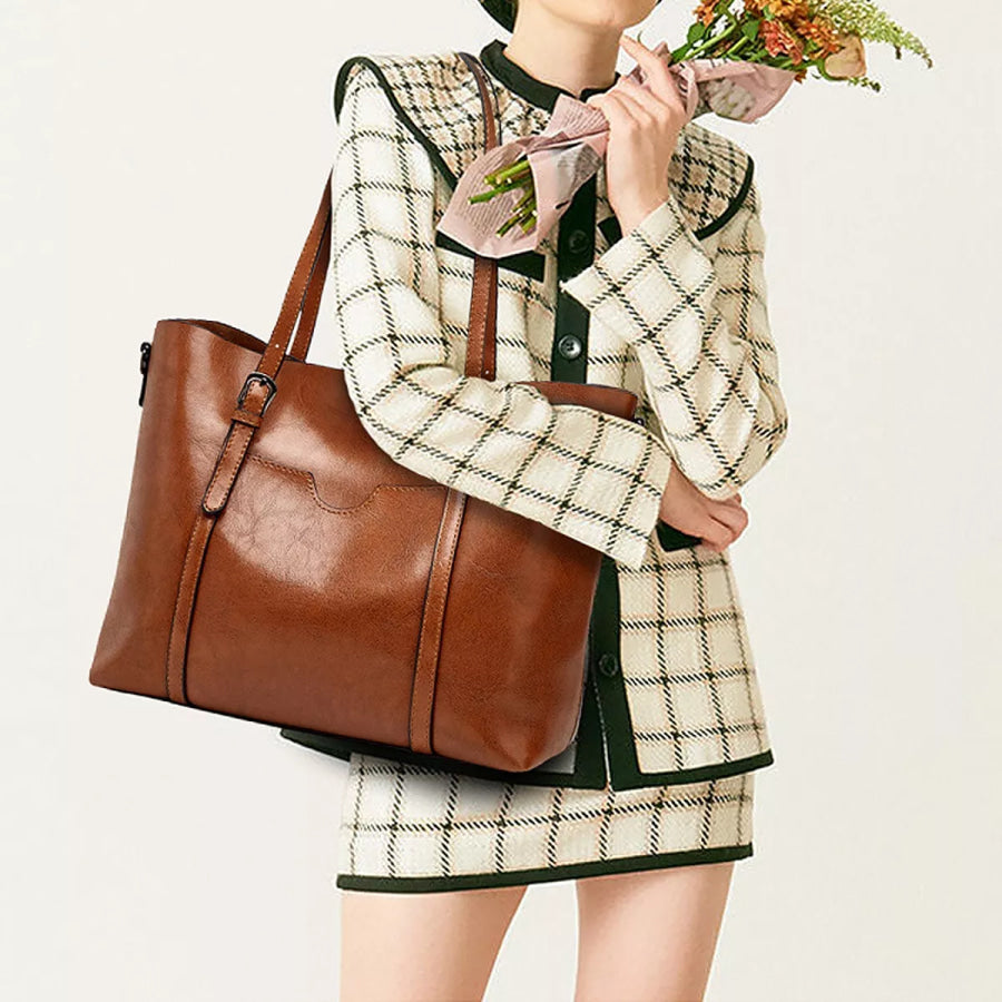 PU Leather Large Capacity Tote Shoulder Bag Caramel / onesize Apparel and Accessories