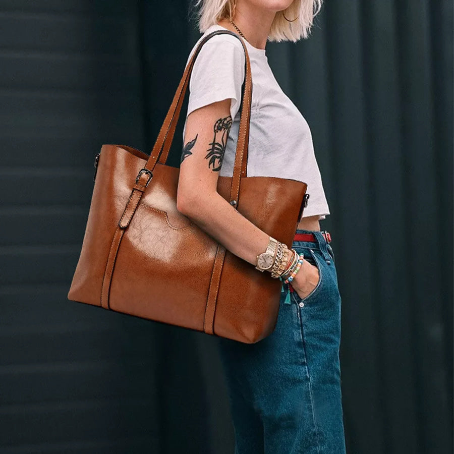PU Leather Large Capacity Tote Shoulder Bag Caramel / onesize Apparel and Accessories