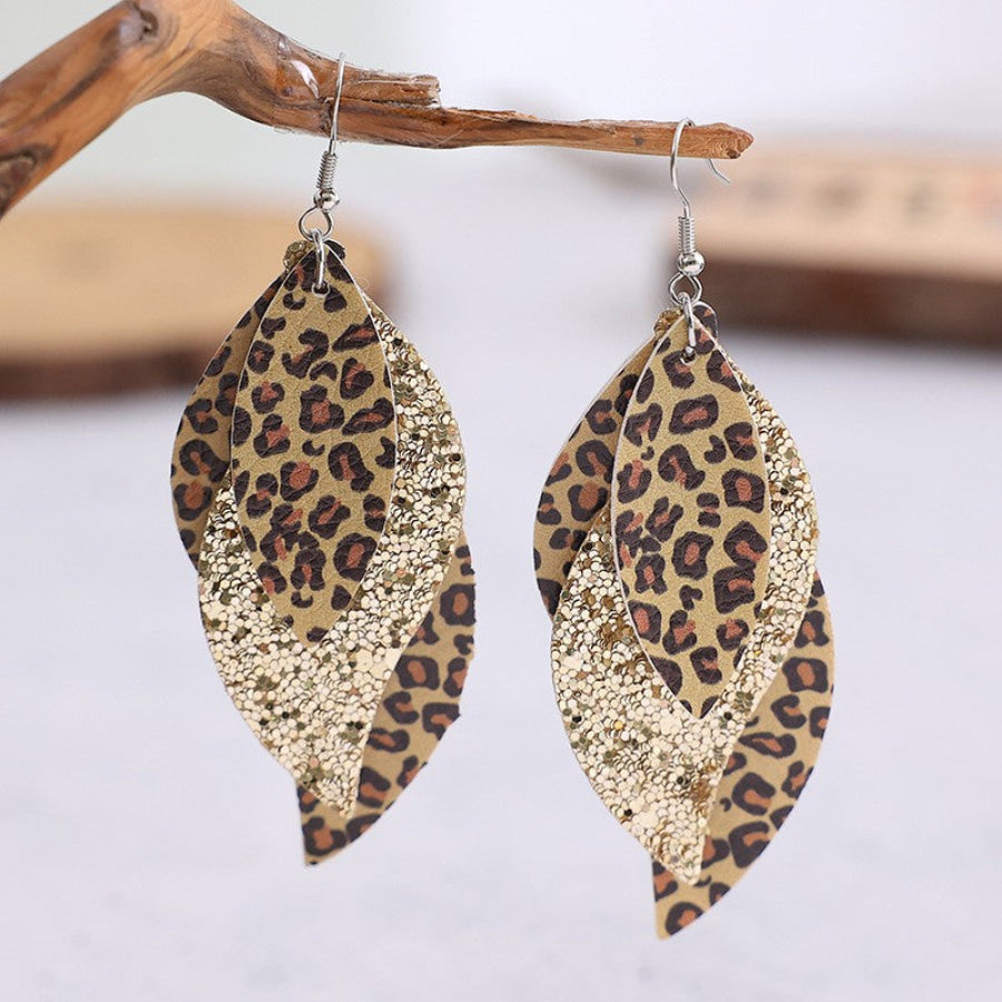 PU Leather Leopard Leaf Earrings Gold / One Size Apparel and Accessories