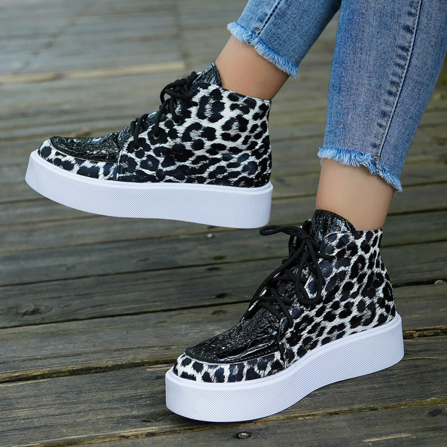 PU Leather Leopard Platform Sneakers Apparel and Accessories