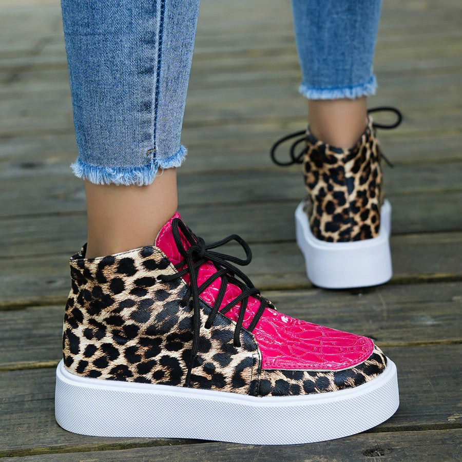 PU Leather Leopard Platform Sneakers Apparel and Accessories