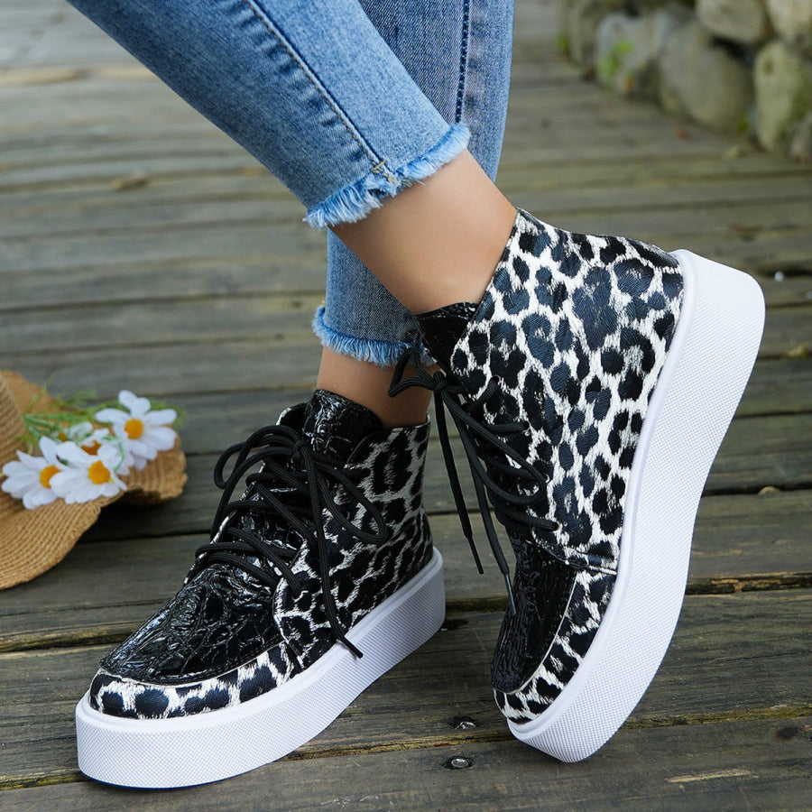 PU Leather Leopard Platform Sneakers Apparel and Accessories