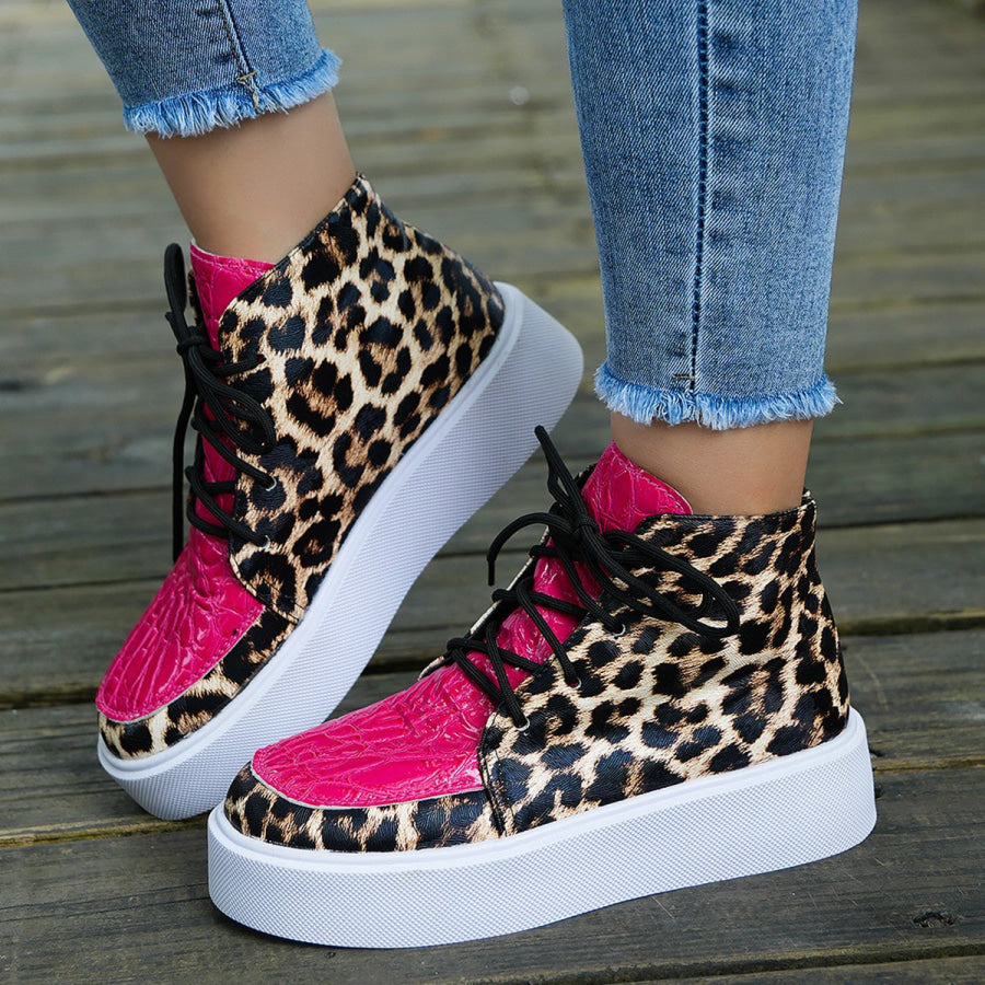 PU Leather Leopard Platform Sneakers Apparel and Accessories