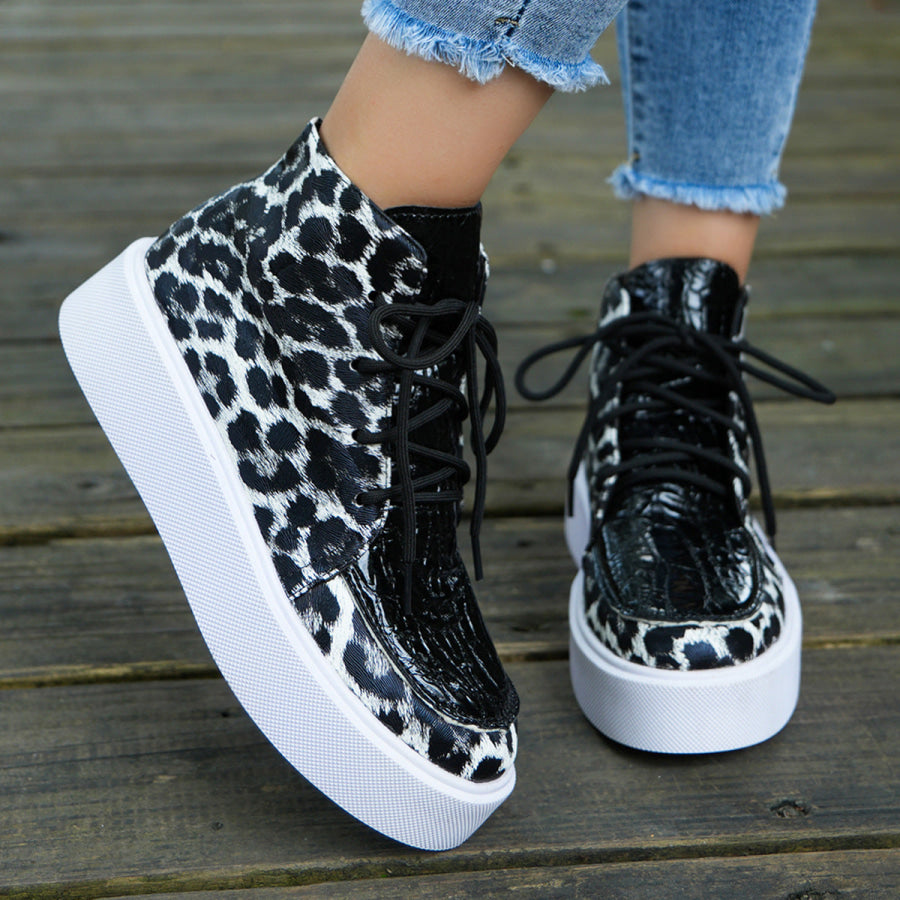 PU Leather Leopard Platform Sneakers Black / 36(US5) Apparel and Accessories