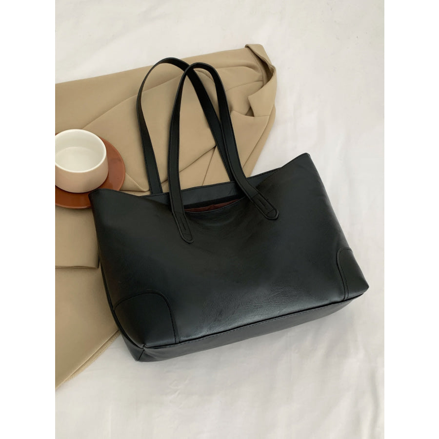 PU Leather Medium Tote Bag Black / One Size Apparel and Accessories