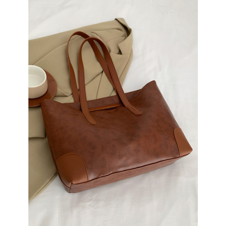 PU Leather Medium Tote Bag Brown / One Size Apparel and Accessories