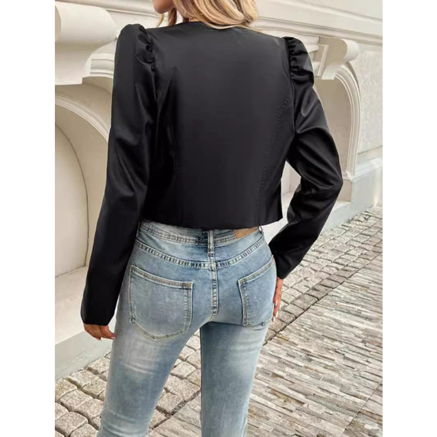 PU Leather Open Front Puff Sleeve Jacket Apparel and Accessories