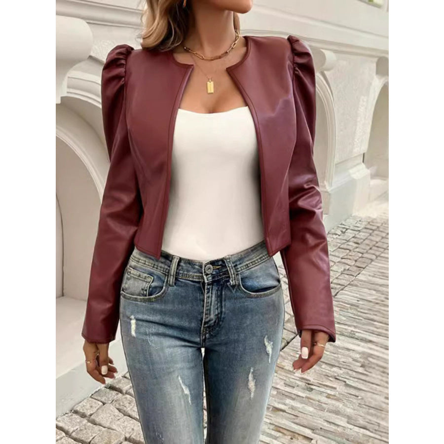 PU Leather Open Front Puff Sleeve Jacket Apparel and Accessories