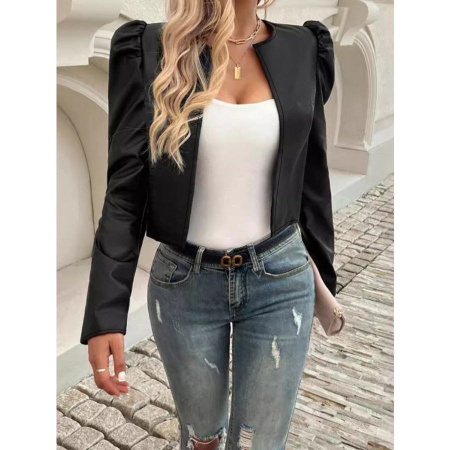 PU Leather Open Front Puff Sleeve Jacket Apparel and Accessories