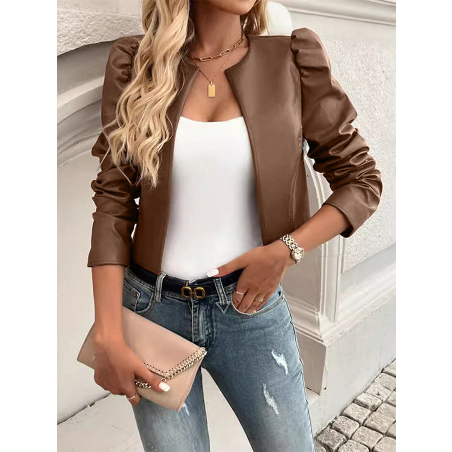 PU Leather Open Front Puff Sleeve Jacket Apparel and Accessories