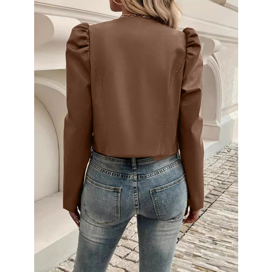 PU Leather Open Front Puff Sleeve Jacket Apparel and Accessories