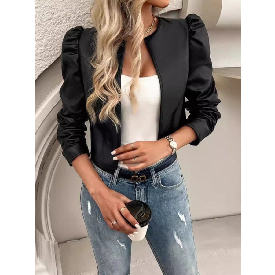 PU Leather Open Front Puff Sleeve Jacket Apparel and Accessories