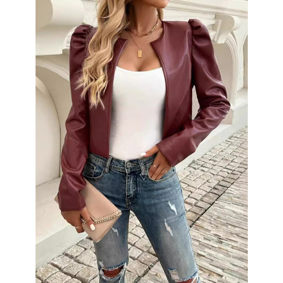 PU Leather Open Front Puff Sleeve Jacket Apparel and Accessories