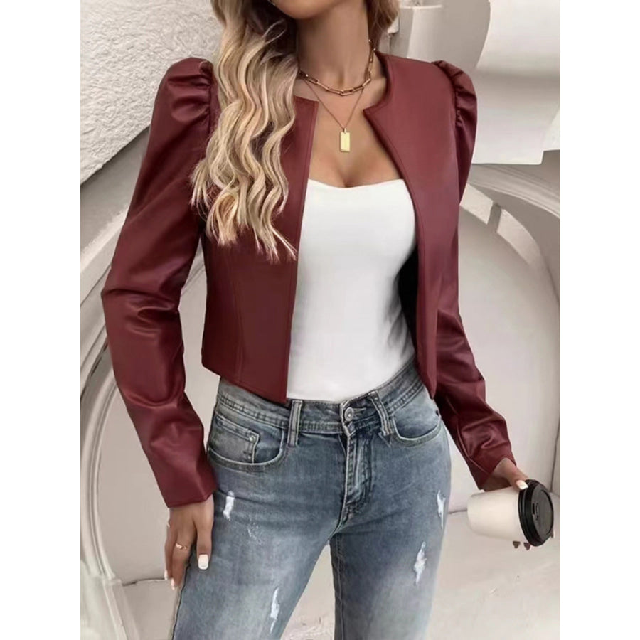 PU Leather Open Front Puff Sleeve Jacket Burgundy / S Apparel and Accessories