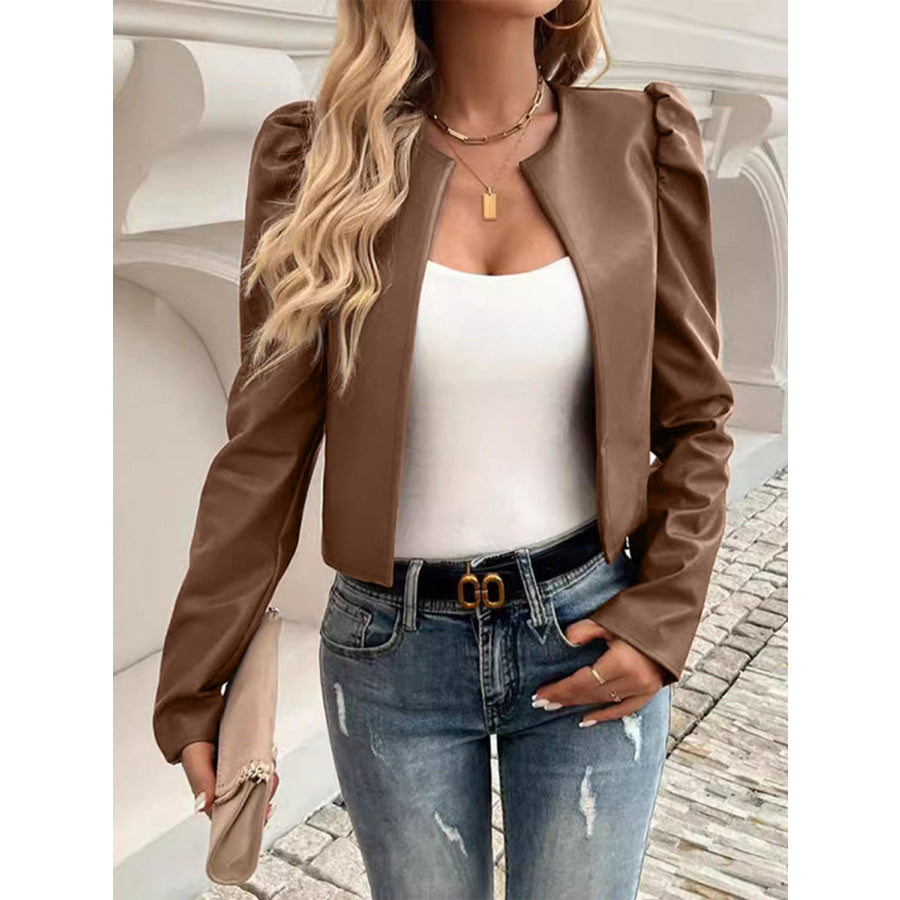 PU Leather Open Front Puff Sleeve Jacket Caramel / S Apparel and Accessories