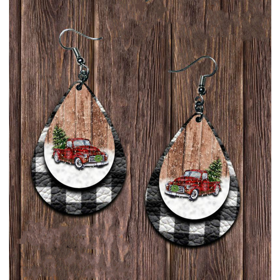 PU Leather Plaid Teardrop Earrings Black / One Size Apparel and Accessories